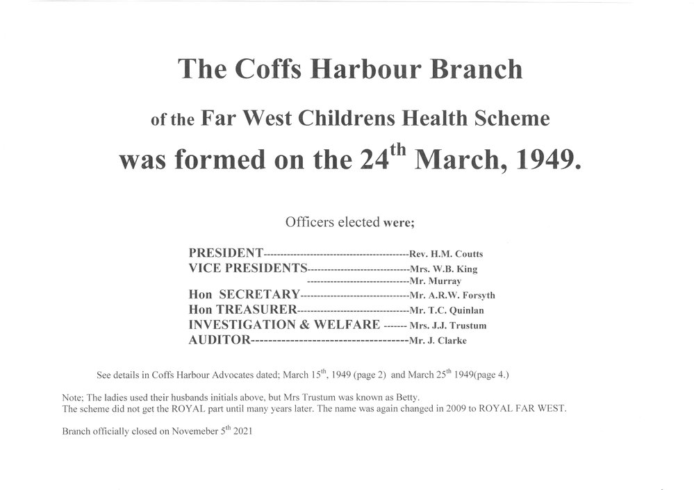 History of the Coffs Harbour branch of the Royal Far West Children's Health Scheme