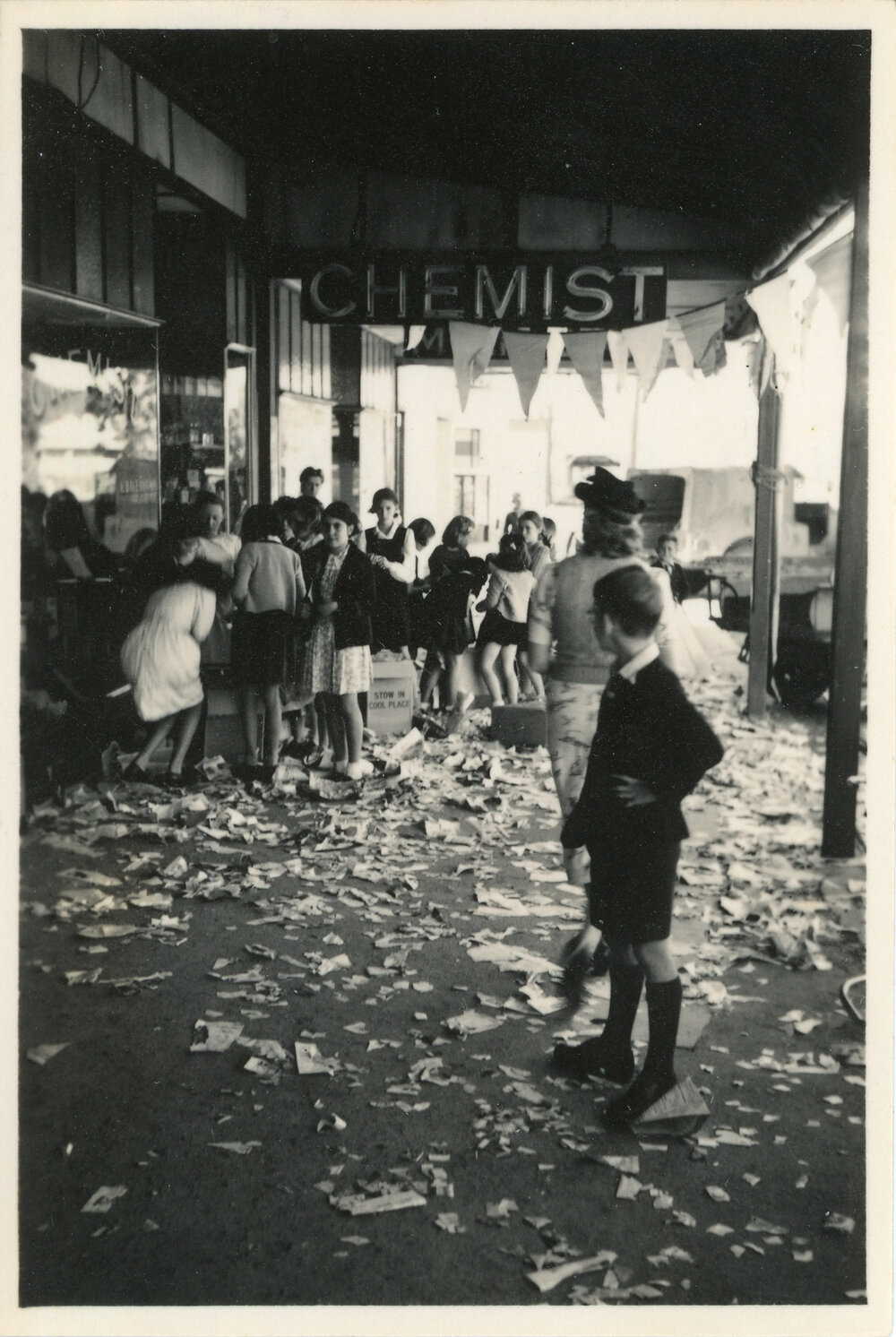 Ticker tape on the street marking the end of World War II, 15 August 1945