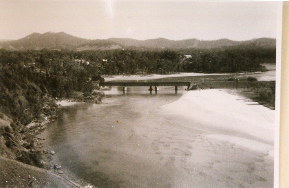 Boambee Creek and railway bridge, 1950s