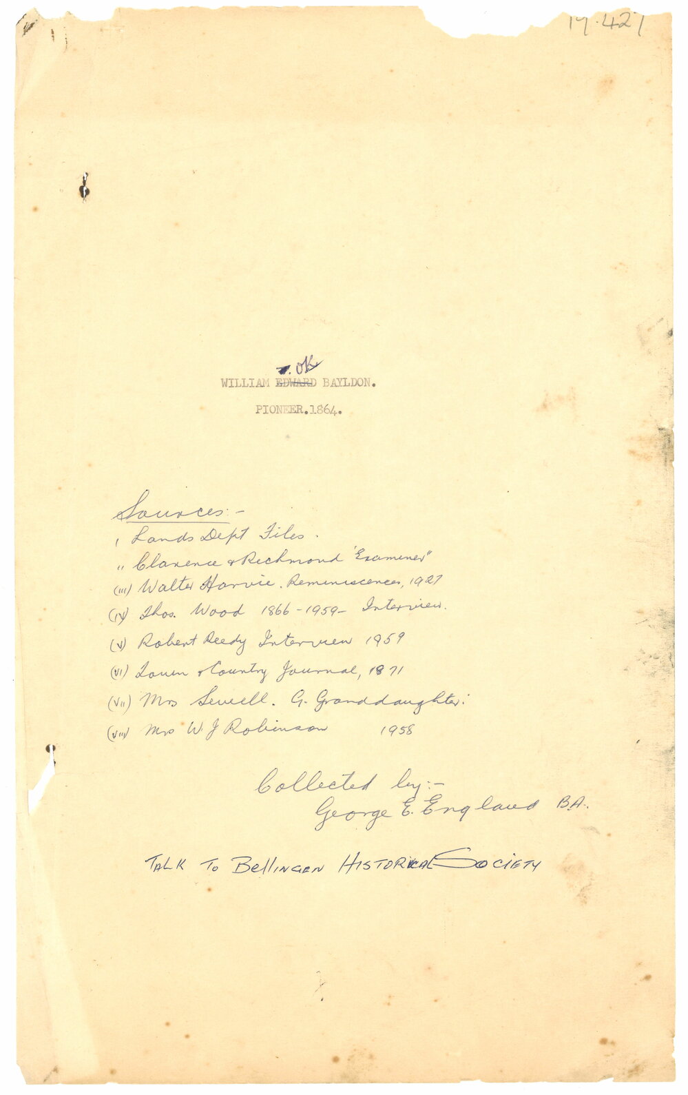 William Edward Bayldon. Pioneer. 1864.