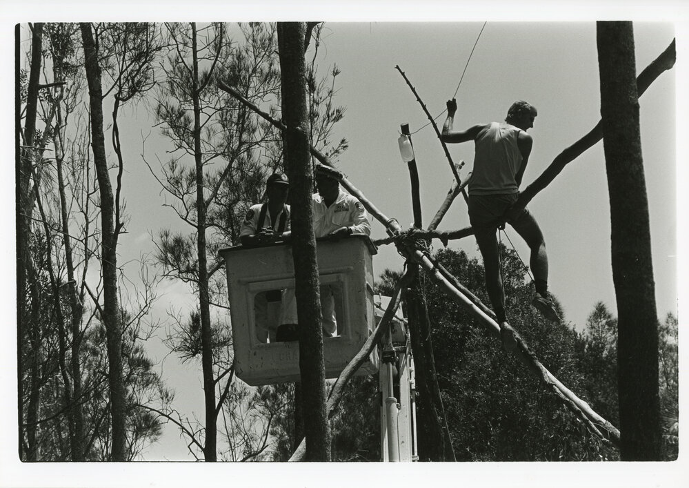 Mike Manns dodges the Police Rescue Squad at the Look-At-Me-Now protest, November 1991