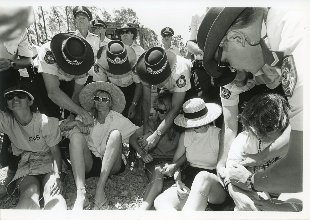 Police arrest protesters at the Look-At-Me-Now outfall protest, November 1991