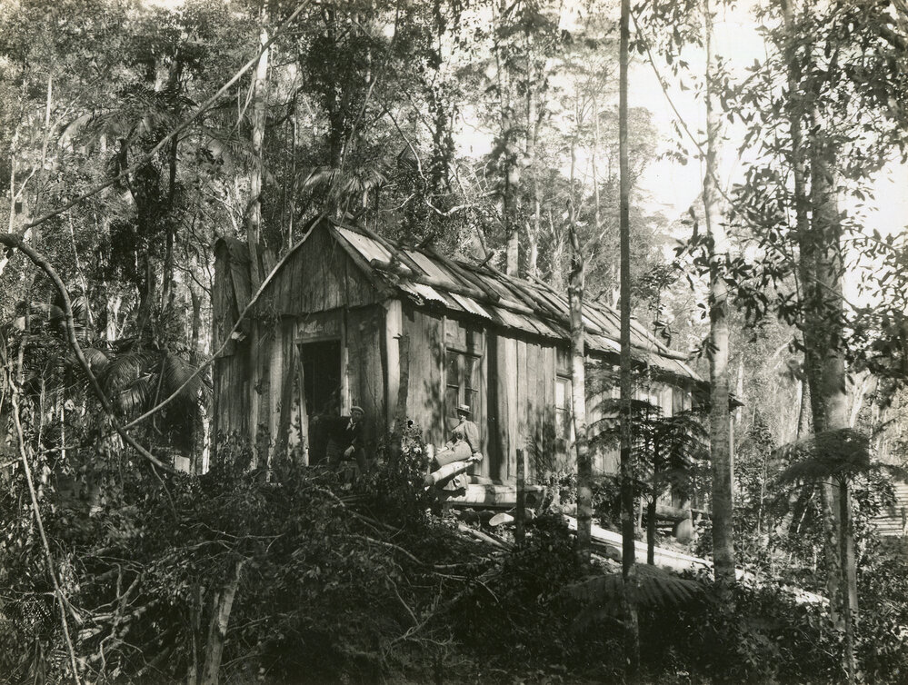 A couple poses outside a miner's hut at Bucca Creek, 1898
