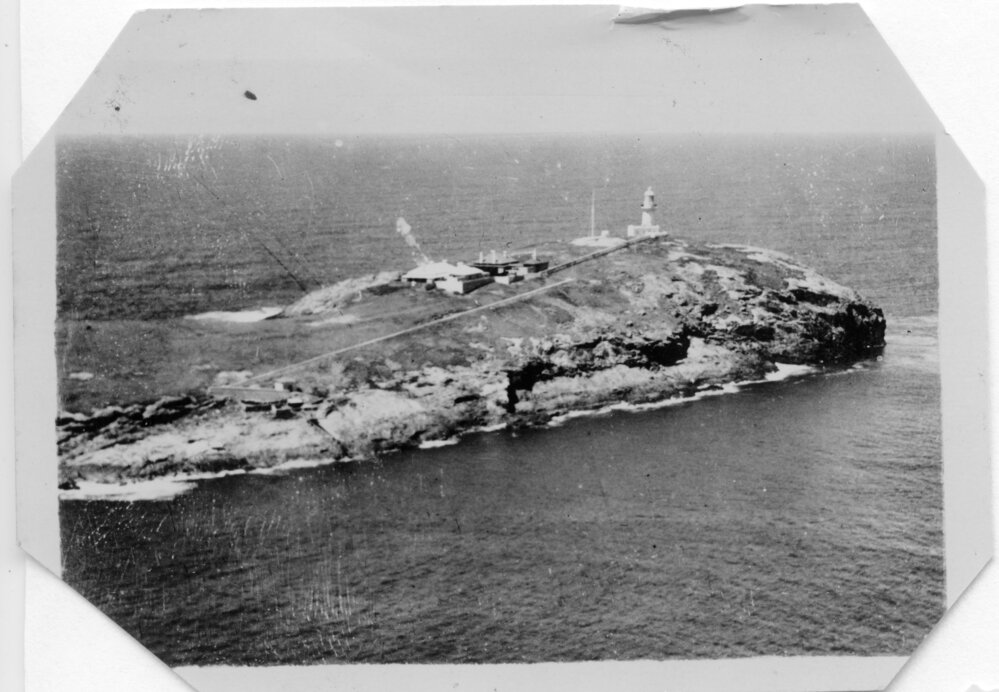 Aerial view of the South Solitary Island Lightkeepers' quarters, early 1950s
