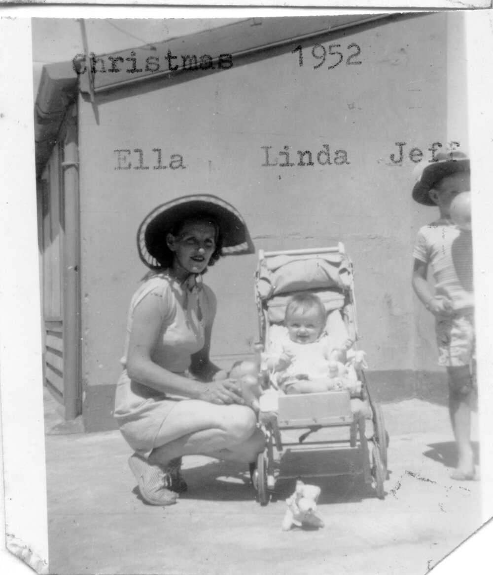 Ella Hobman with her children Linda and Jeff on South Solitary Island, Christmas 1952