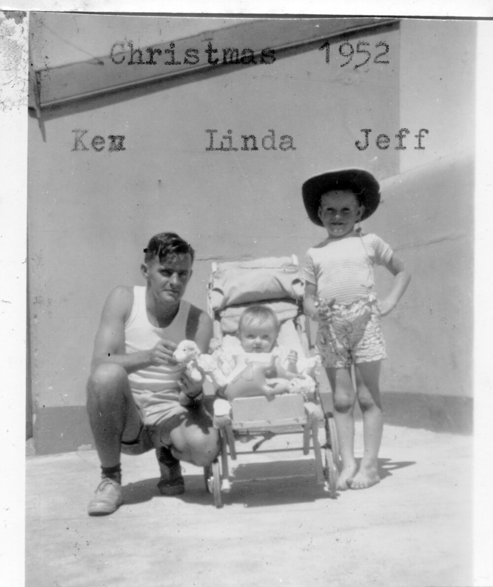 Kevern Hobman with his children Linda and Jeff on South Solitary Island, Christmas 1952