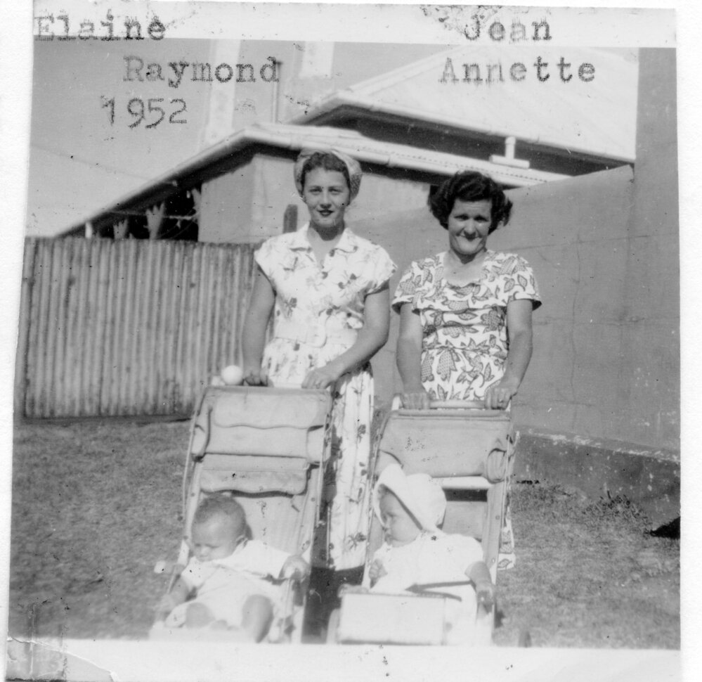 Elaine Cox and Jean Chappelow with their children on South Solitary Island, 1952