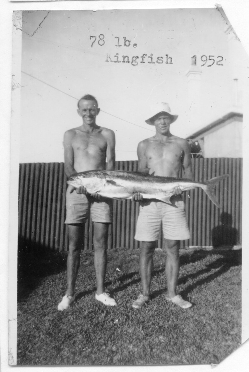 South Solitary Island Lightkeepers Wally Chappelow and Mr Cox with kingfish, 1952