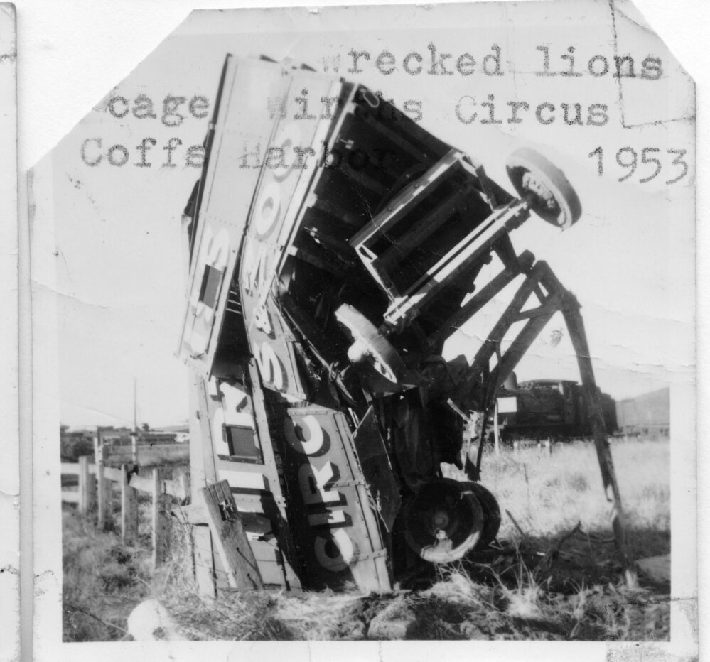 The wrecked Wirth's circus van, 26 May 1953