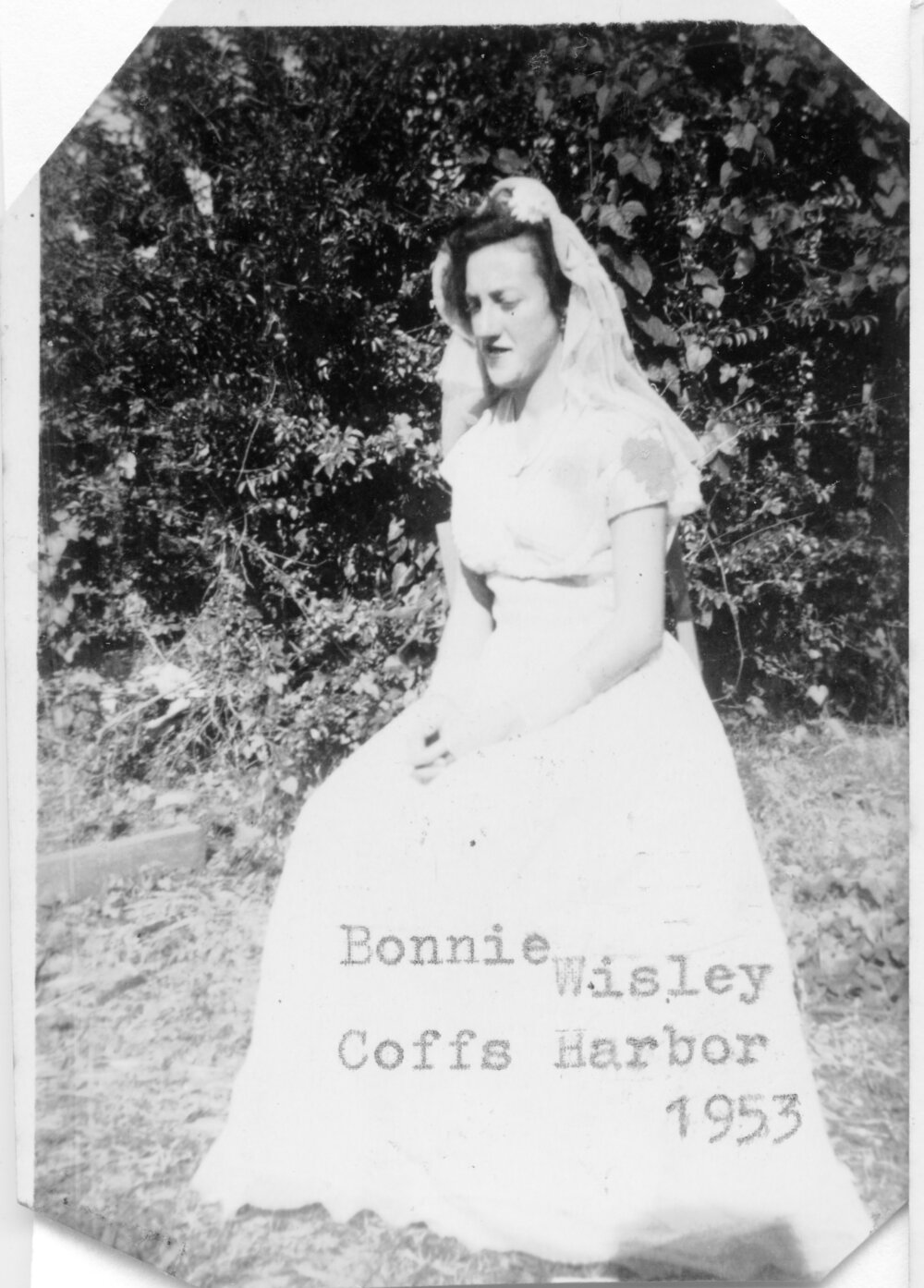Bonnie Wisley in wedding dress and veil, 1953