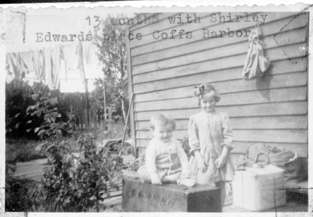 Linda and Shirley Hobman visiting friends, 1953