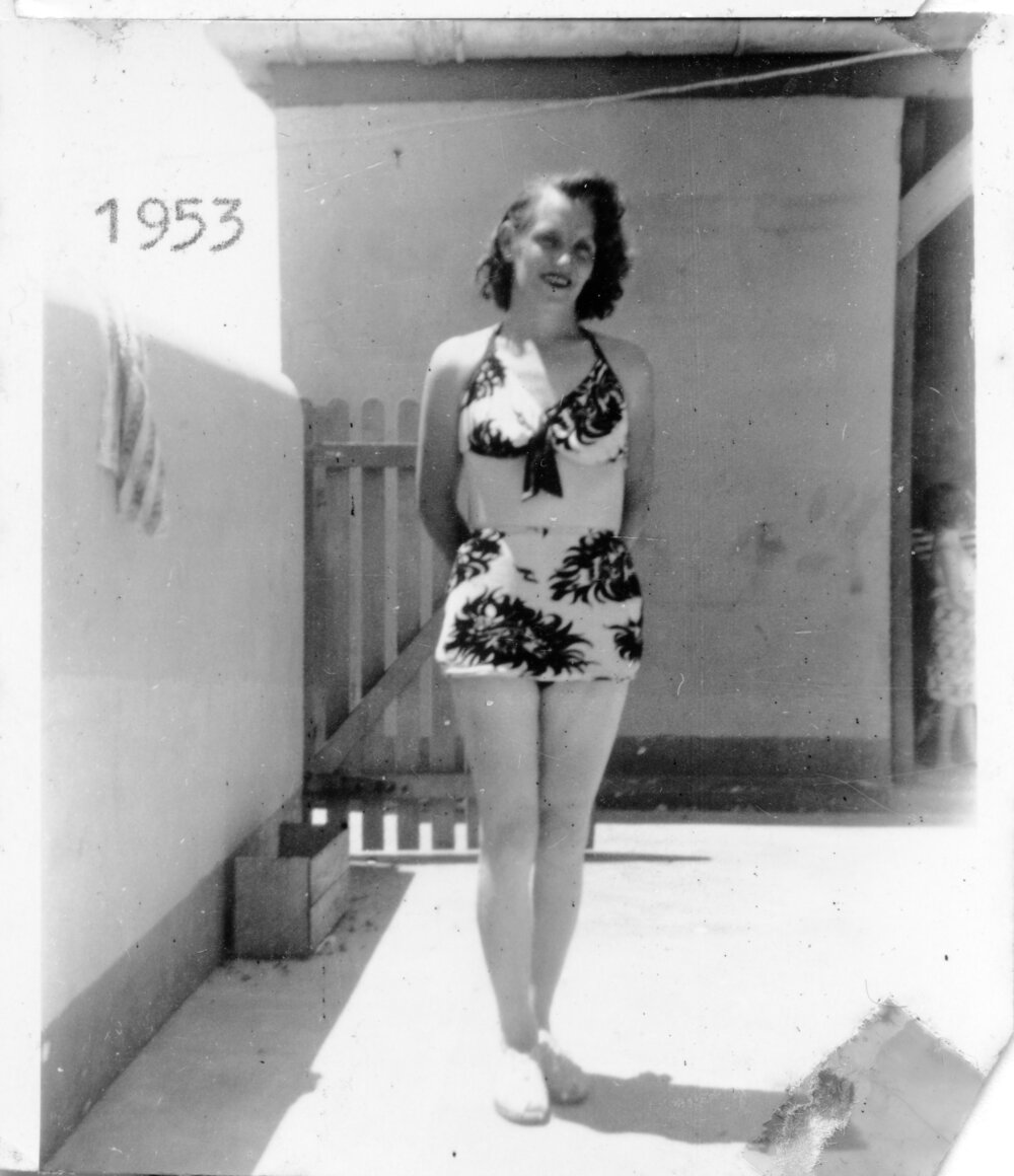 Ella Hobman in her swimsuit on South Solitary Island, 1953