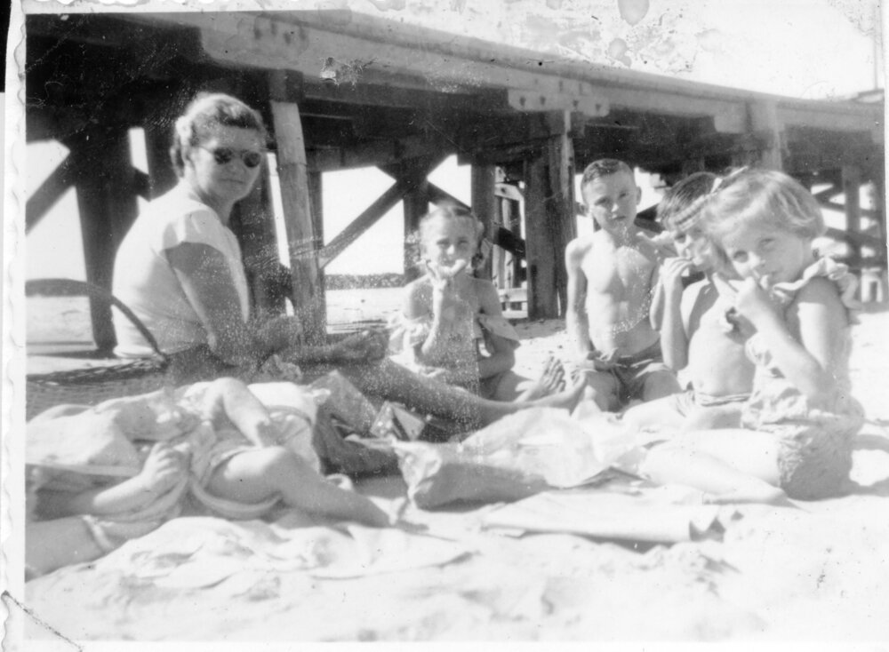 The Hobman family on Jetty Beach, Mother's Day 1953