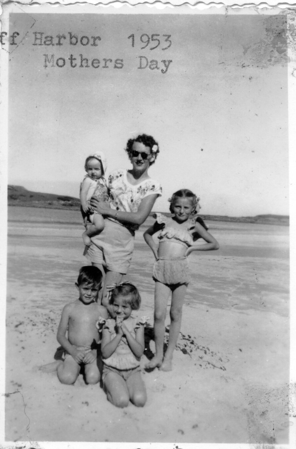 The Hobman family on Jetty Beach, Mother's Day 1953