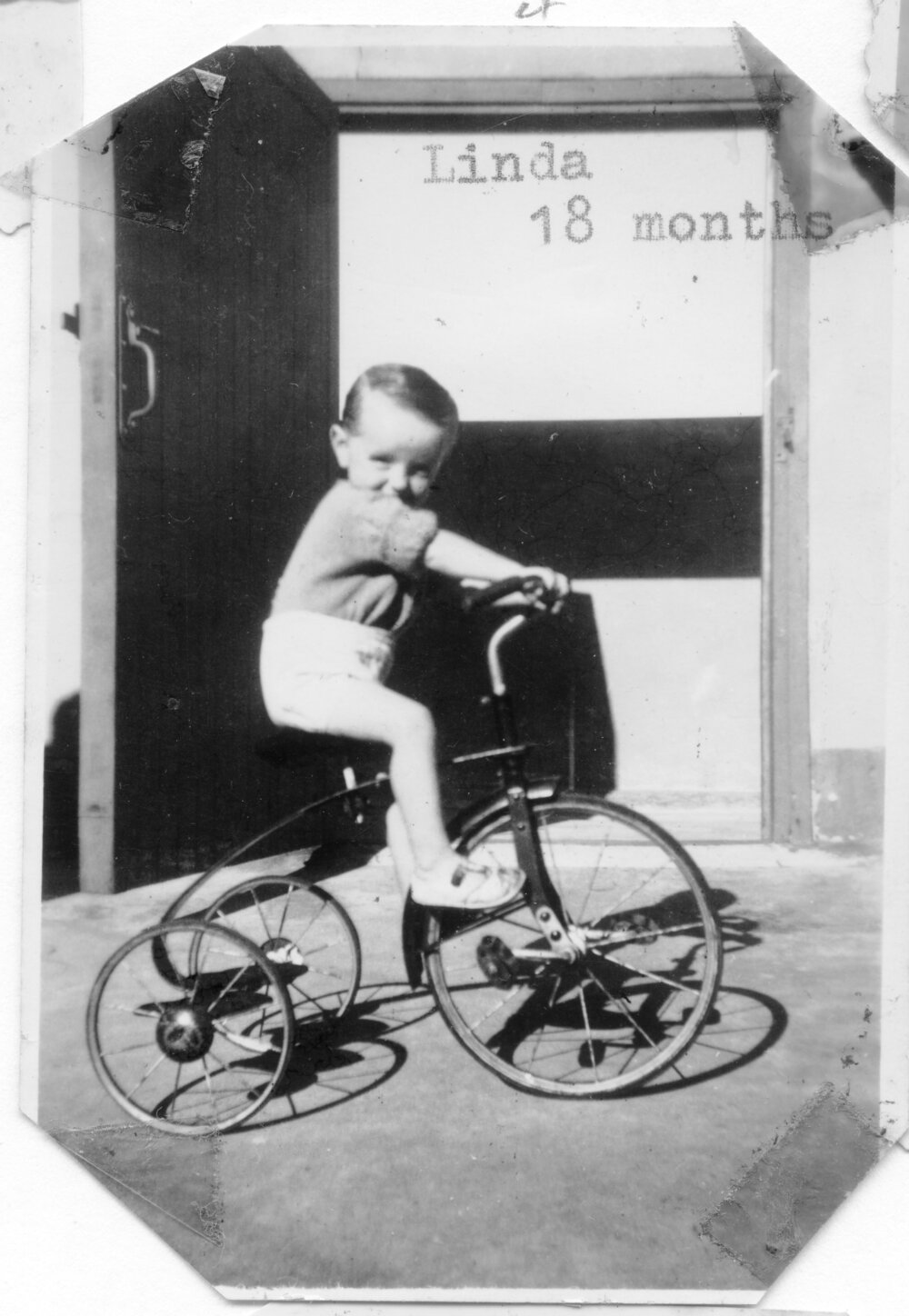 Linda Hobman rides her tricycle on South Solitary Island, 1953