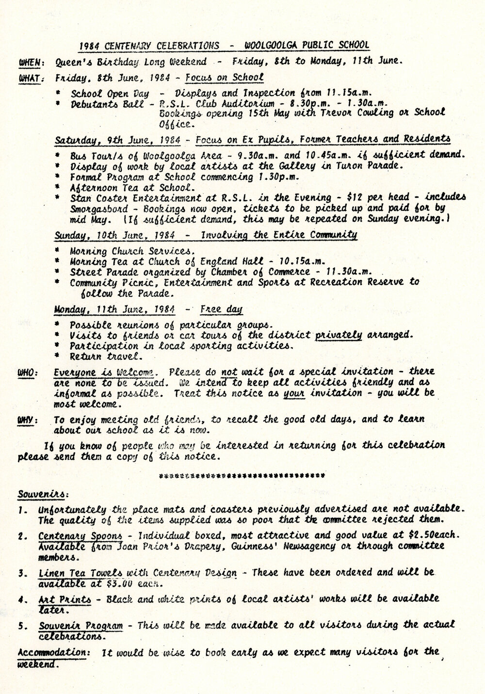 1984 Centenary Celebrations - Woolgoolga Public School