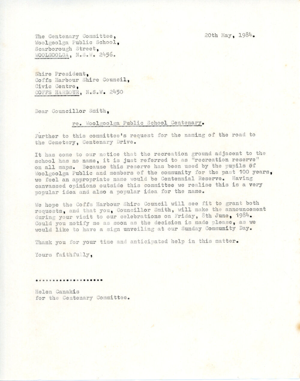 Correspondence for a proposed Centenary Drive, 1984