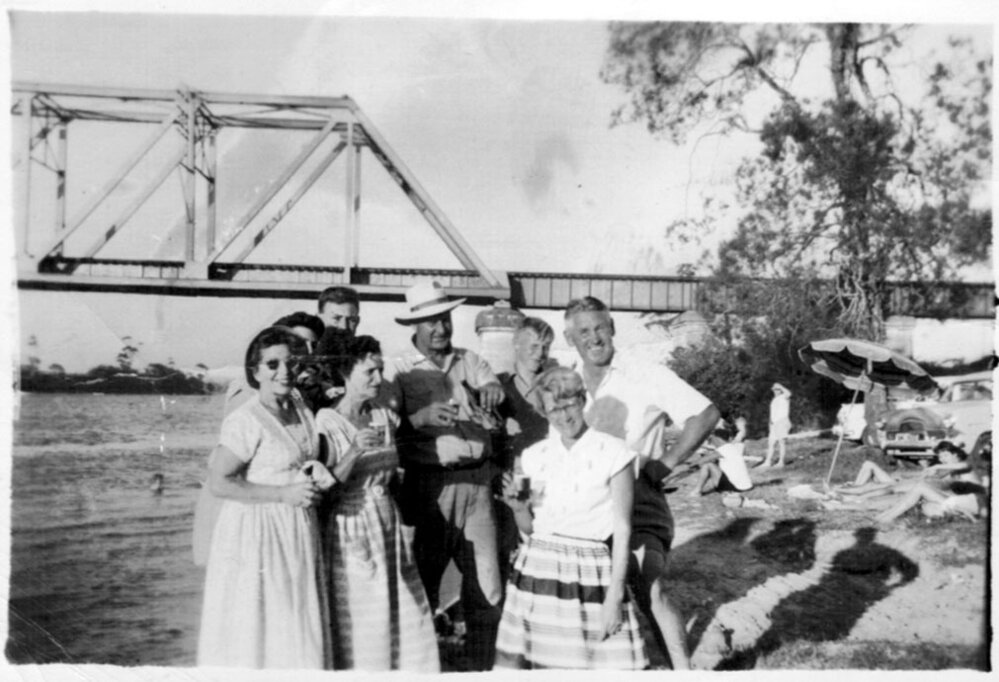 David and Betty Nicol with Suzanne and Bill Holloway and others at the Kalang River, 1950 