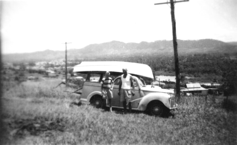 Rob with David Nicol at 4 Solitary Street on the first outing of his home-built boat, 1950s 