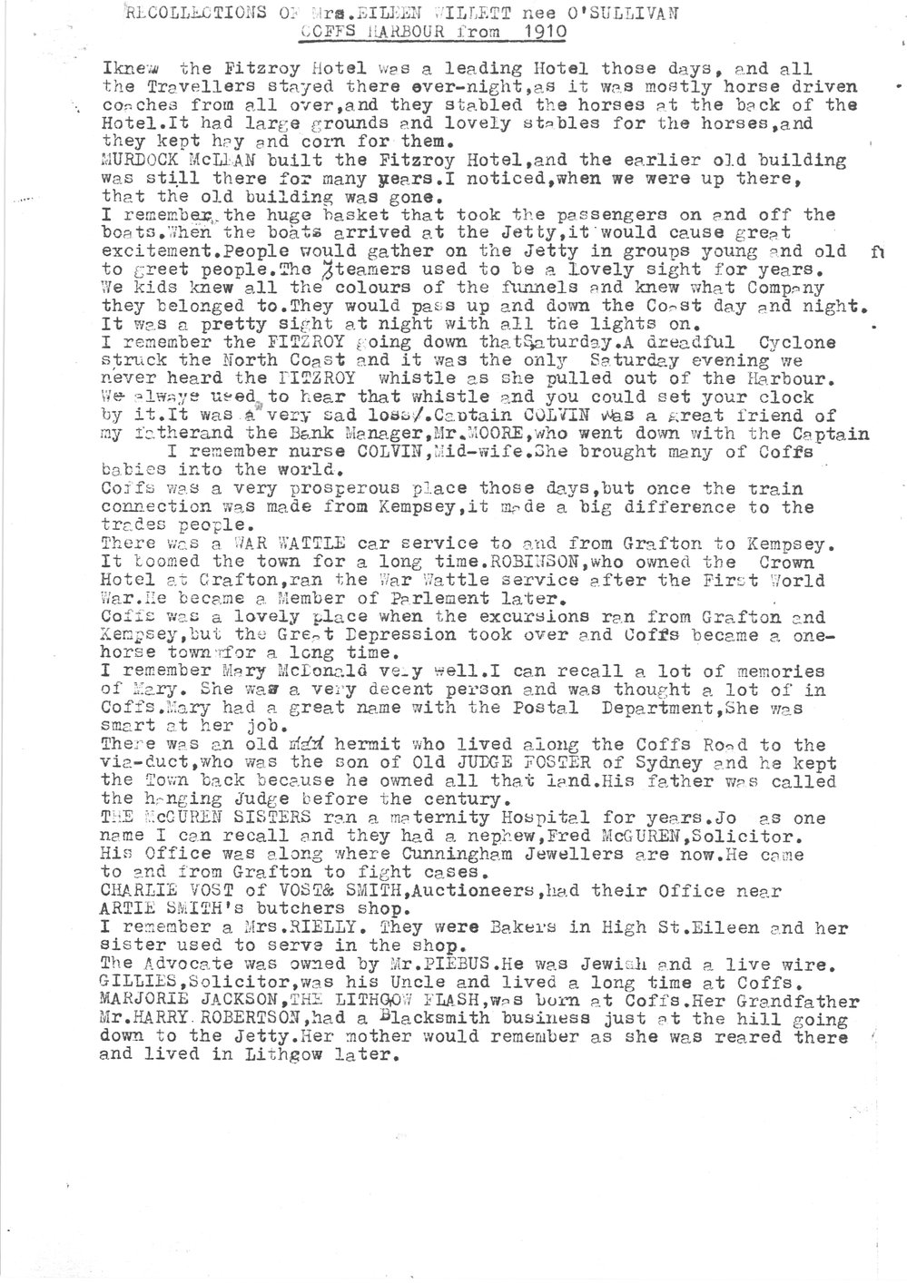 Recollections of Mrs Eileen Willett 