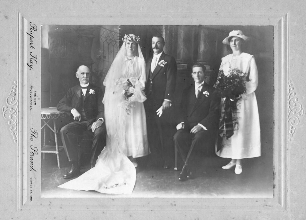 The wedding party of Ernest Stretton and Violet Drew, 15 February 1919