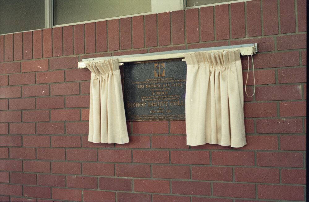 Plaque confirming the opening of Bishop Druitt College, 13 July 1994 