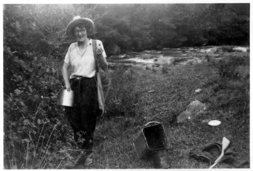 Betty Nicol picking blackberries, 1940s 