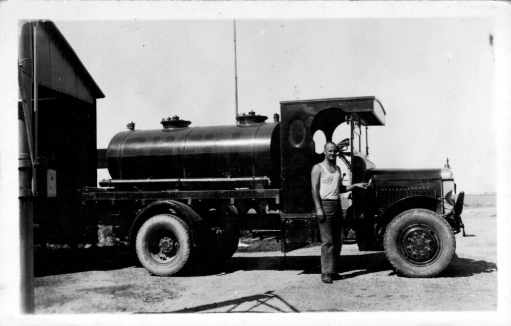 David Nicol with a Leyland 600 gallon tanker at the Coffs Jetty depot, 1930s 