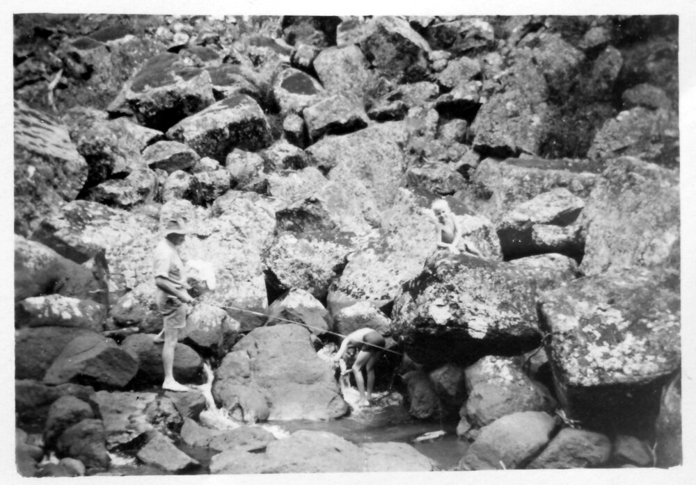 David with his sons Robert and Hugh Nicol below the first waterfall at Ebor, 1940s