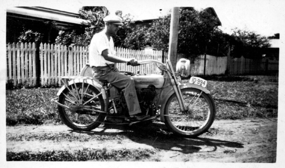 David Nicol on his Harley Davidson with sidecar, 1920s 