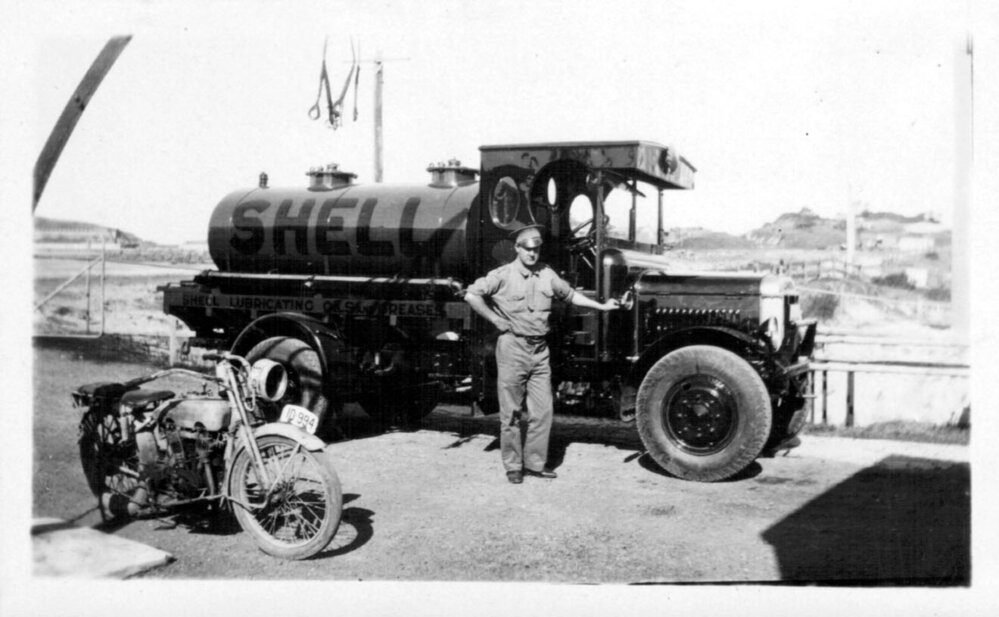 David Nicol with the Leyland Shell tanker and his Harley Davidson at the Coffs Jetty Depot, 1930s
