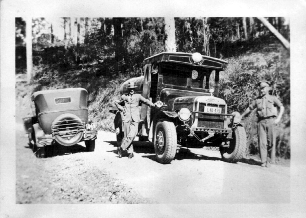 David Nicol and Shell tanker driver enroute to Dorrigo on the Bellingen Road, 1930s 