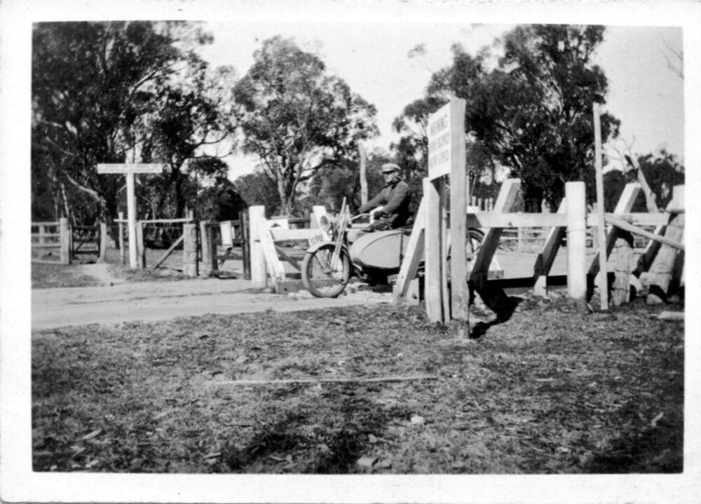 David Nicol on his Harley Davidson crossing the Queensland border near Stanthorpe, 1928