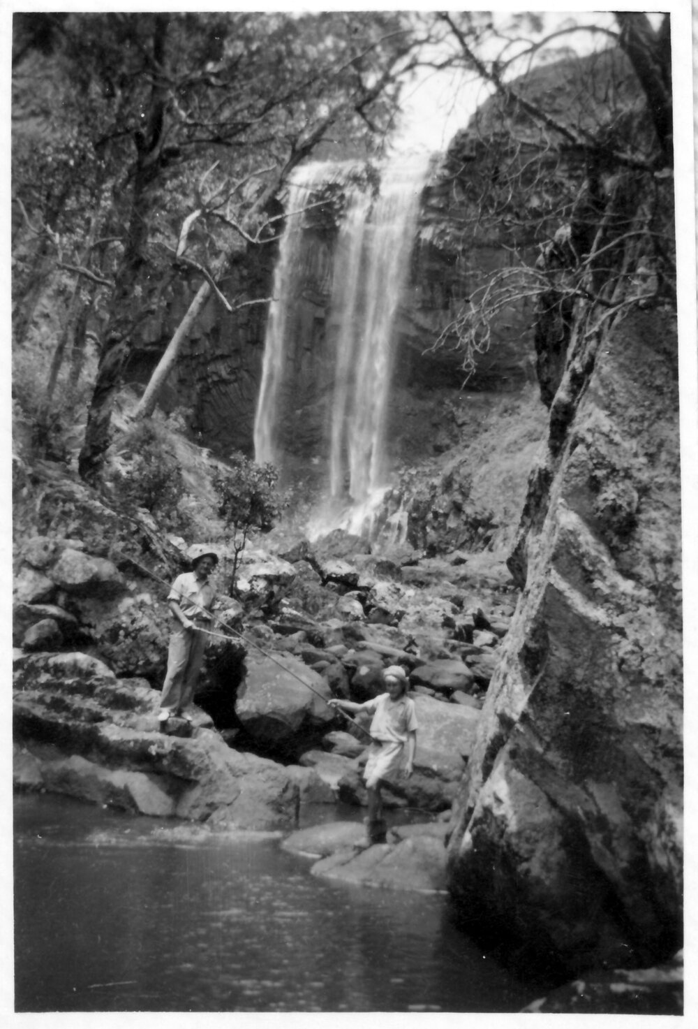 David and Robert Nicol fishing below the second falls at Ebor, 1940s 