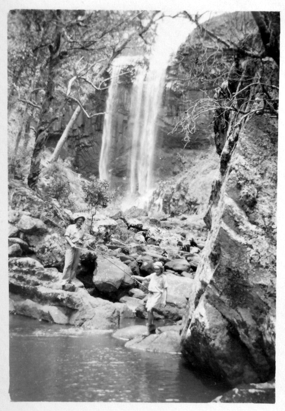 David and Robert Nicol fishing below the second falls at Ebor, 1940s 