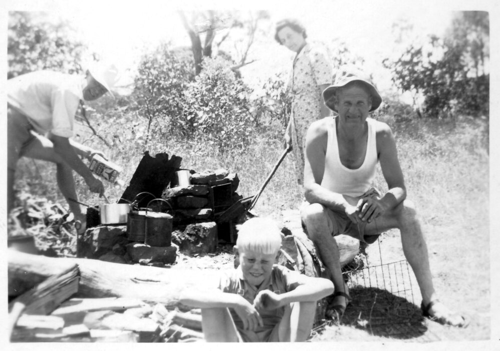 Jack and Alice Fowler with David and Robert Nicol at the Ebor camp site, late 1940s