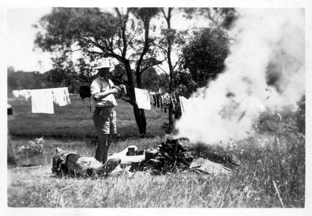 Jack Fowler at the Nicol family camp site, late 1940s 