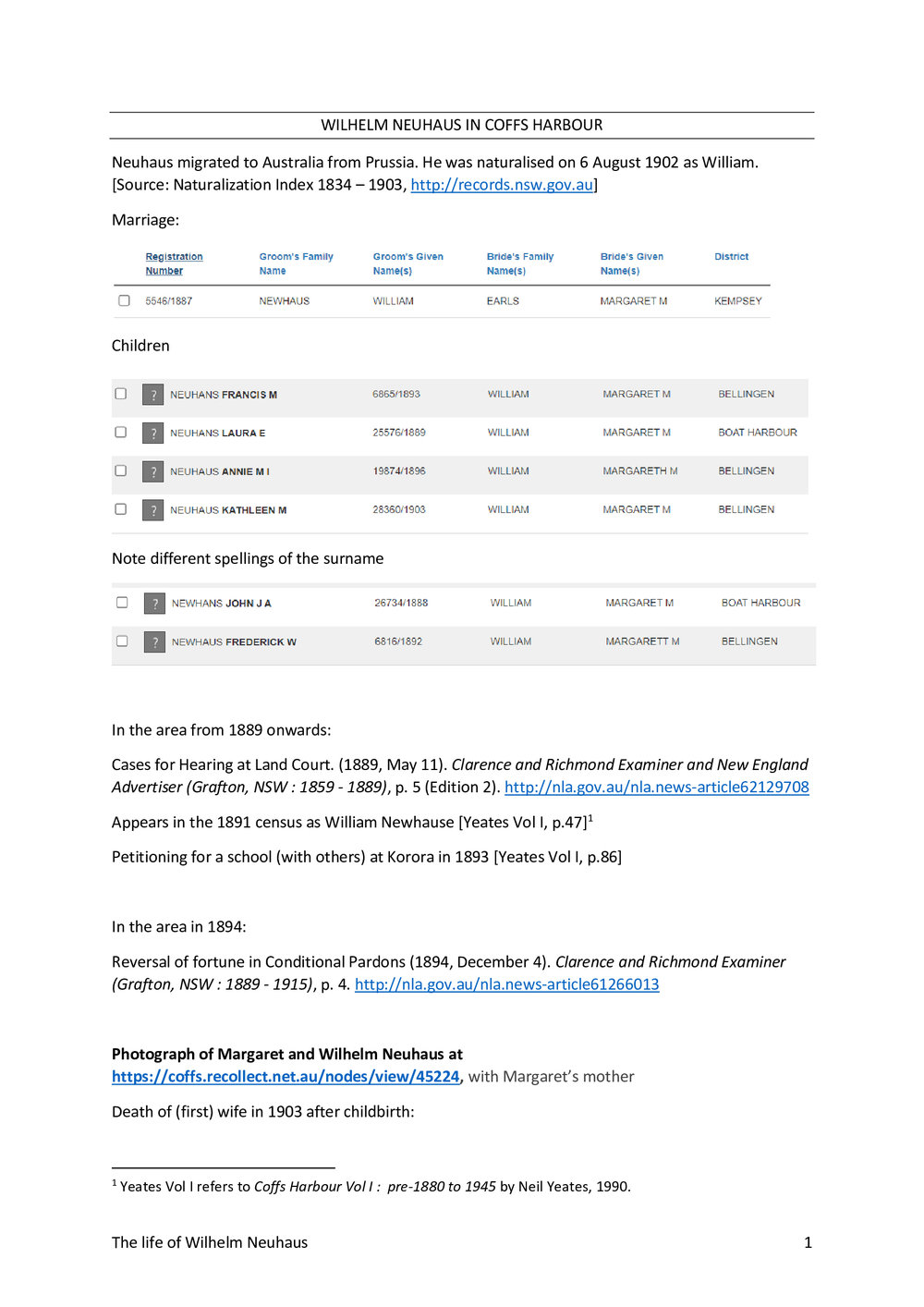Letter and Notes on early Coffs Harbour