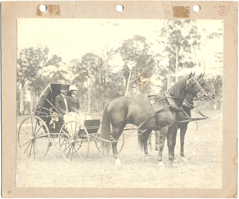 George and Joan Kratz with carriage and horses at the first Agricultural Show, 1914