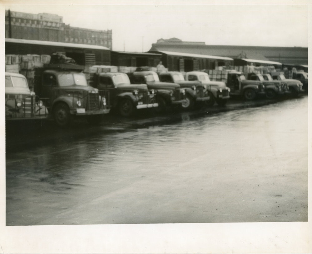 Trucks with cases of bananas