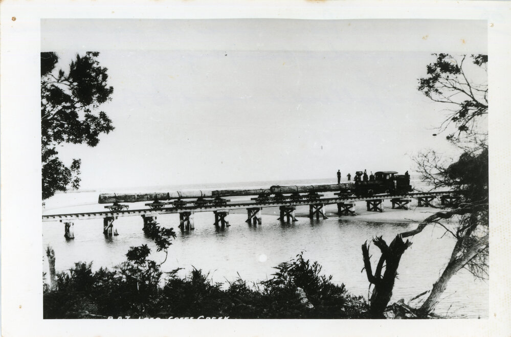 B.A.T. Shay Locomotive and crew on Coffs Creek Bridge, c. 1910