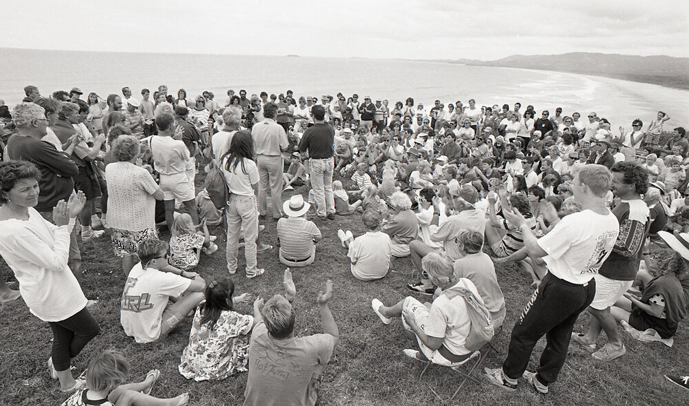 Crowds at the Look-At-Me-Now outfall protest, late 1991