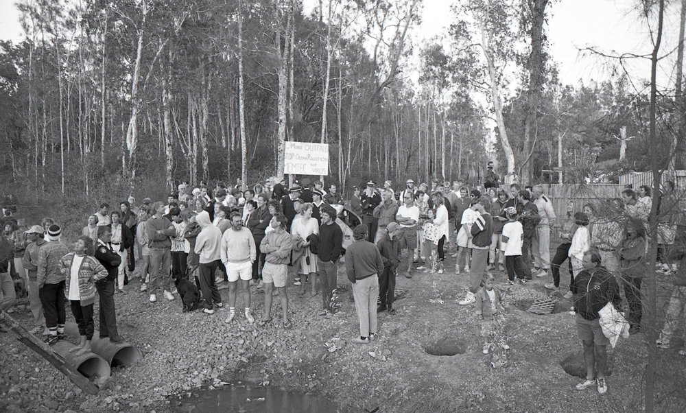 Protestors at an ocean outfall protest, late 1991