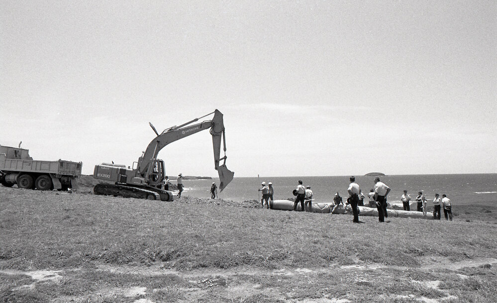 The trench digger at work on Look-At-Me-Now headland, 3 December 1991