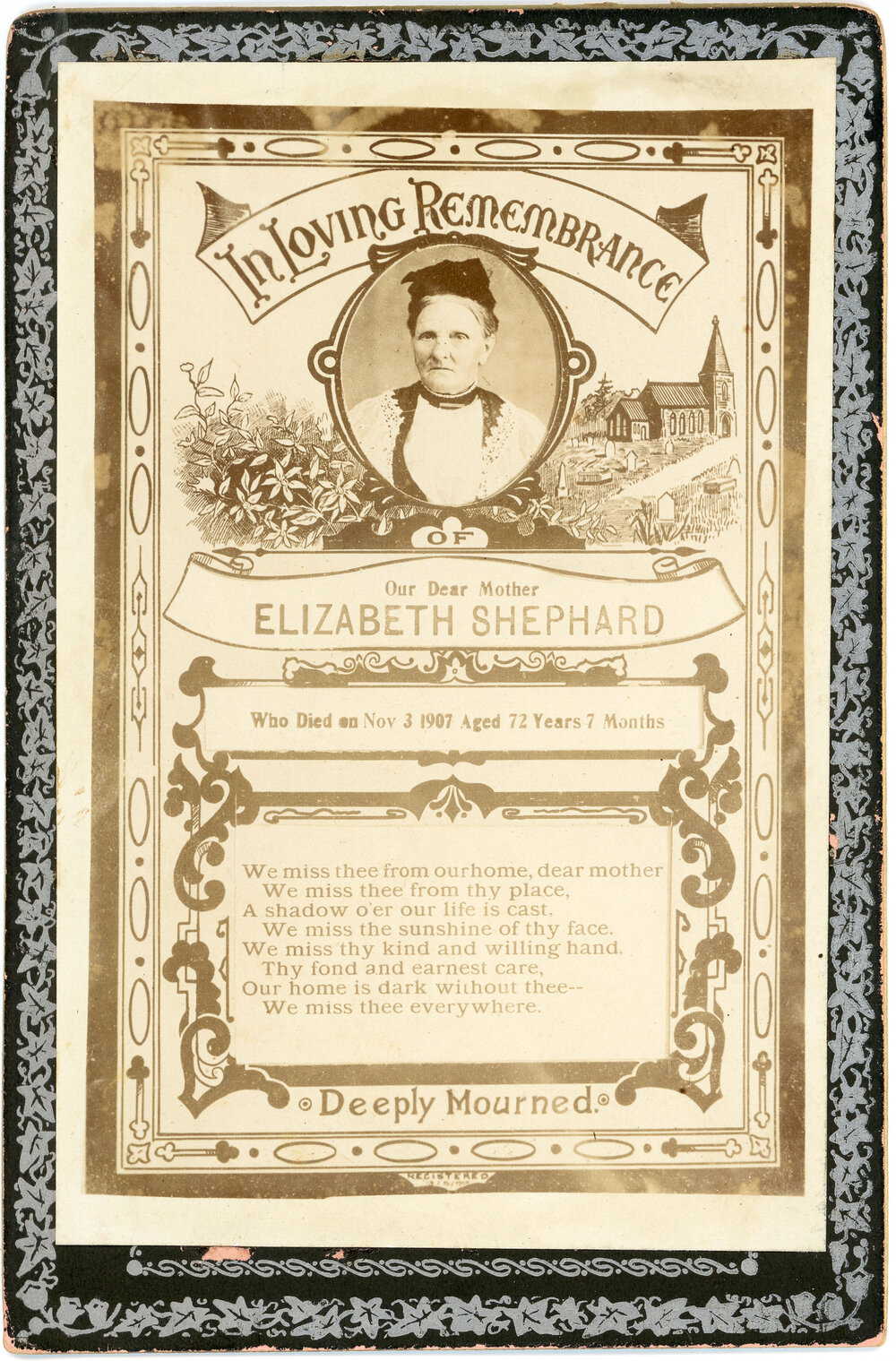 Remembrance card for Elizabeth Shephard, November 1907 