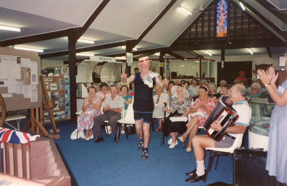 Parading in men's bathers at the Regional Museum, 7 April 1993