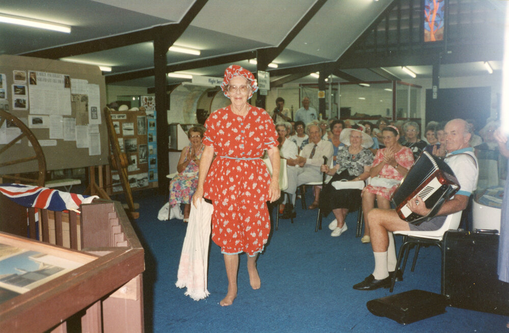 Parading in women's bathers at the Regional Museum, 7 April 1993