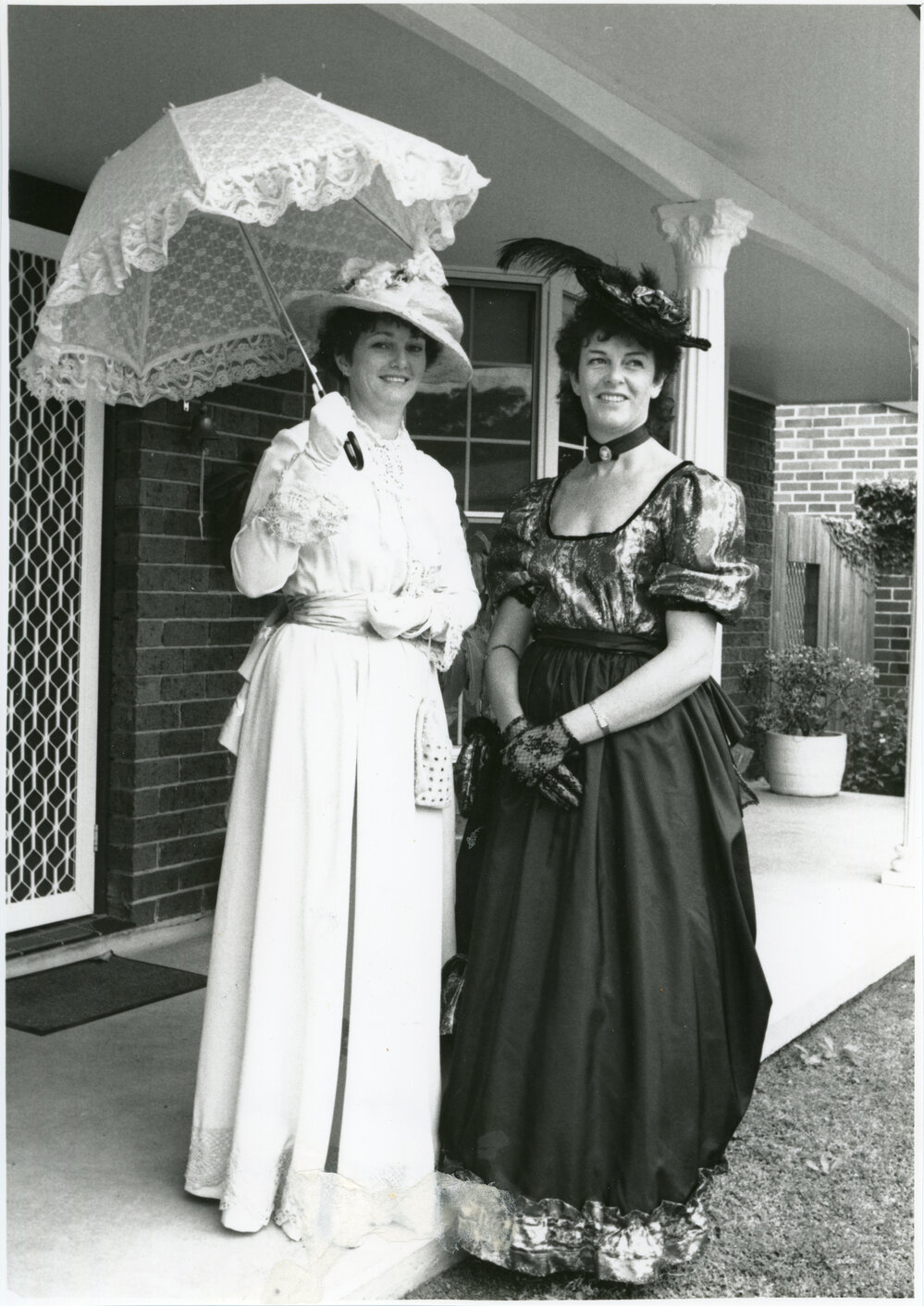 Beryl Fletcher and Jan Cowan dressed for the Jetty Centenary Ball, 5 August 1982