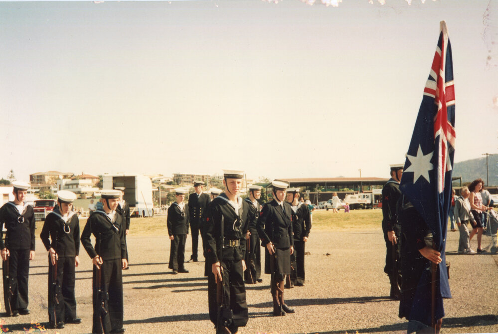 Naval cadets' armed party form to take the colours at the Jetty Centenary, 2 August 1992
