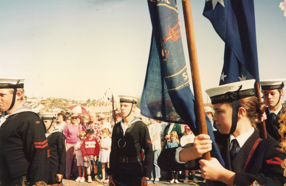 Naval cadets' armed party forms to take the colours at the Jetty Centenary, 2 August 1992